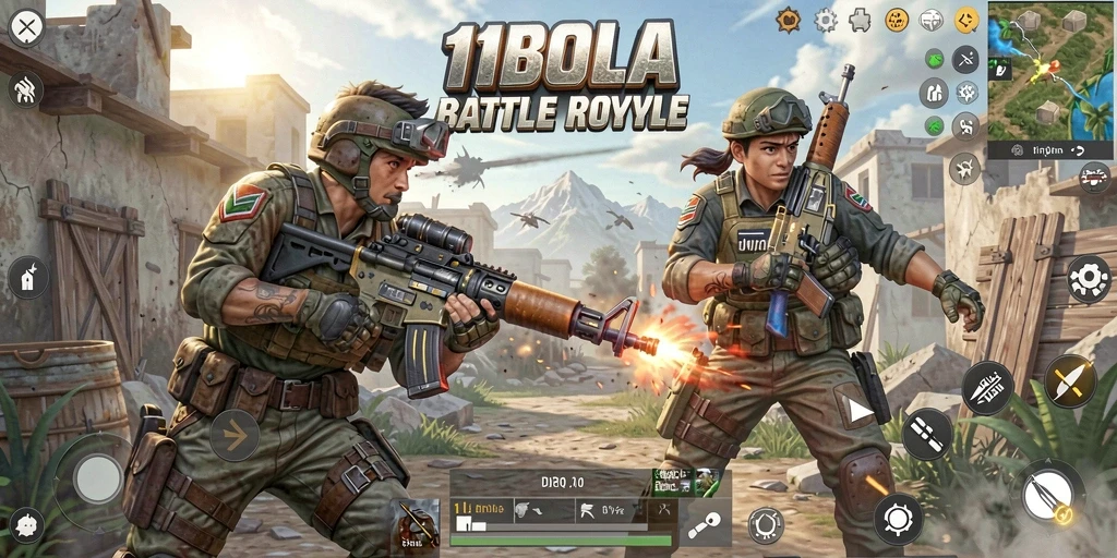 Tangkapan layar 11BOLA menampilkan aksi seru dalam pertandingan Battle Royale.