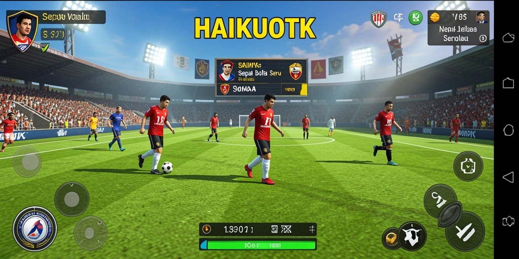 Tampilan gameplay seru dalam HAIKUOTK yang menunjukkan aksi sepak bola.
