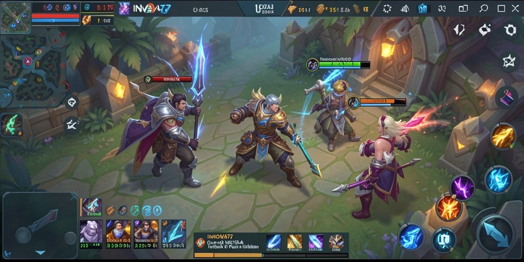 Screenshot gameplay INOVA77 menampilkan aksi seru di pertempuran MOBA.