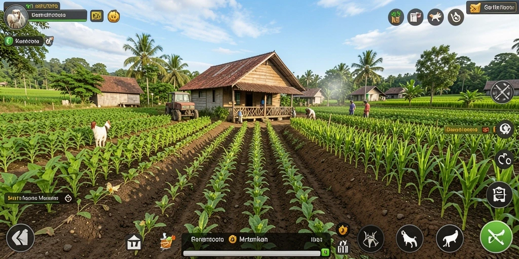 Tampilan gameplay KARTUTOTO dengan suasana pertanian yang cerah.