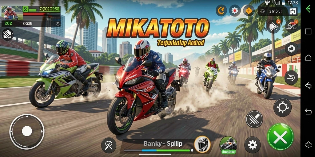 Screenshot gameplay MIKATOTO dengan aksi balap motor yang mendebarkan.
