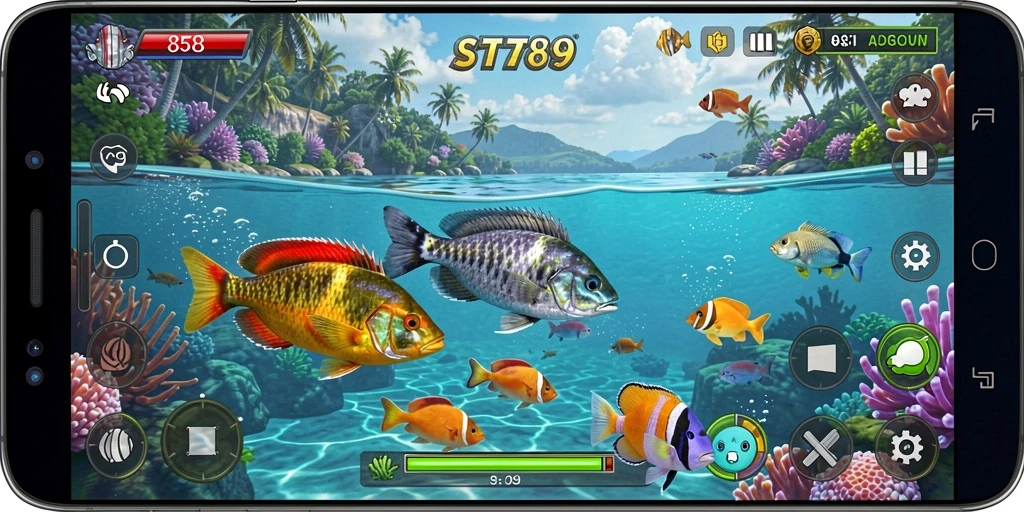 Screenshot ST789 menampilkan pemain dalam aksi menembak ikan yang berwarna-warni.