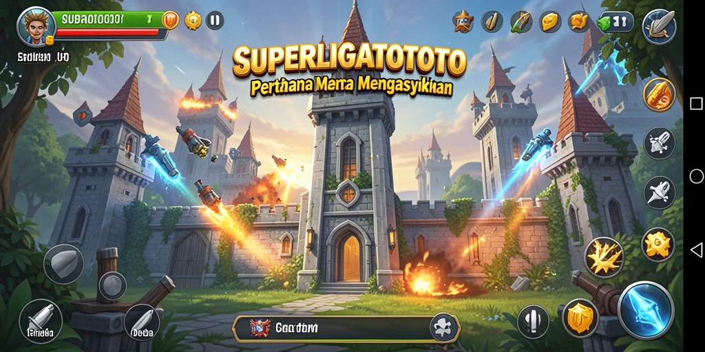 Tangkapan layar gameplay SUPERLIGATOTO menampilkan aksi menara pertahanan yang seru.