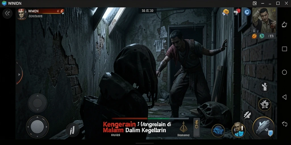 Tampilan gameplay WINIDN yang menyeramkan saat menjelajahi kegelapan.