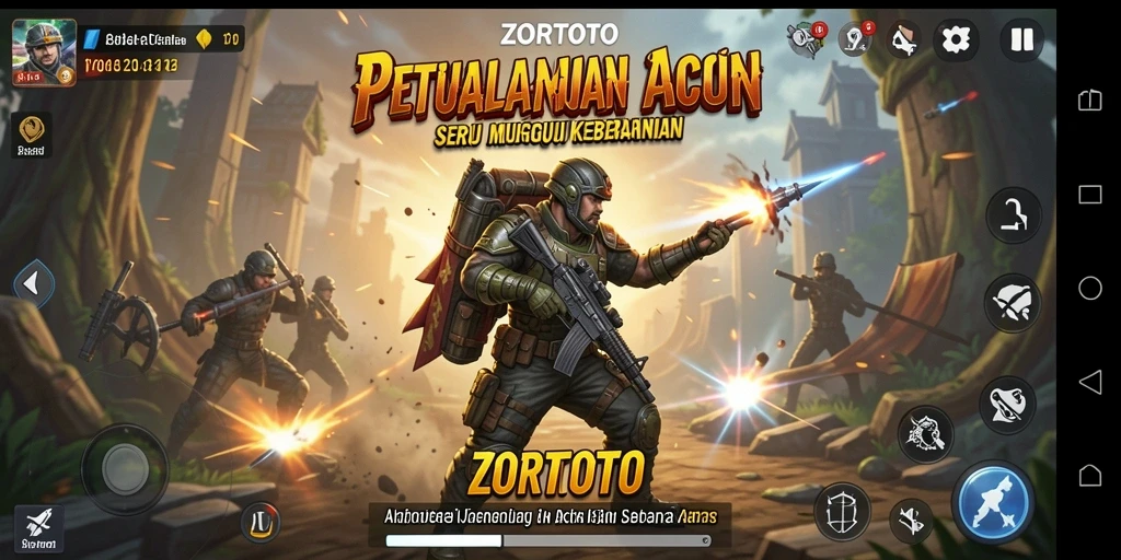 Screenshot ZORTOTO menampilkan aksi seru di medan pertempuran.